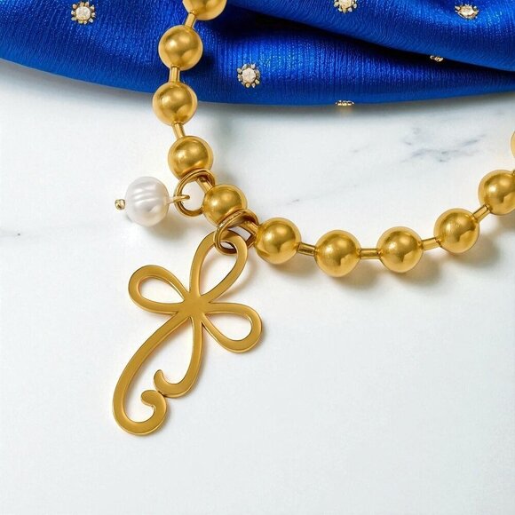 🆕️24K Gold Plated Stainless Steel Bracelet Unique Cross Charm Freshwater Pearl - Picture 9 of 14